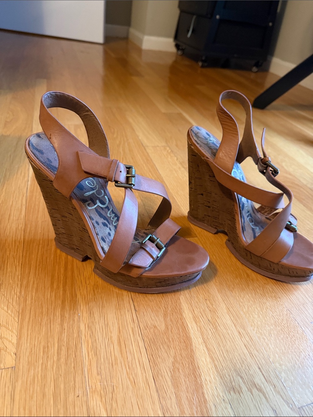 Sam Edelman Brown Cork Wedge Sandals with Buckle Straps
